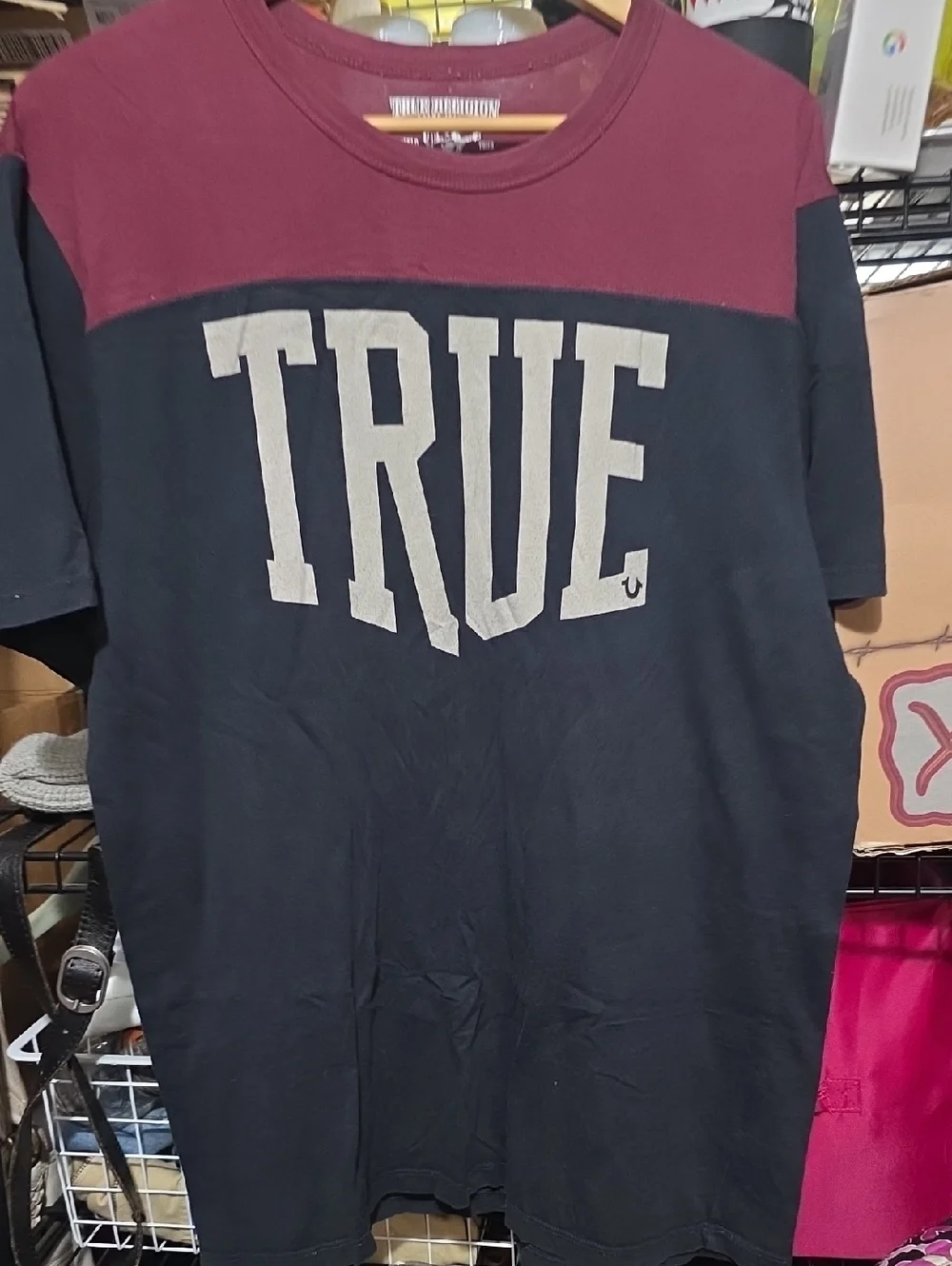 True Religion Two-Tone 'TRUE' Logo Tee - Black and Burgundy